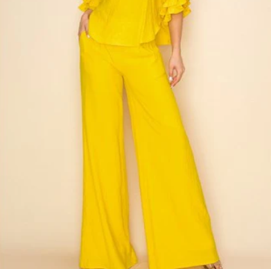 Linen Ruffle Top & Pant Set in Neon Mustard