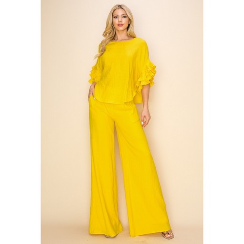Linen Ruffle Top & Pant Set in Neon Mustard