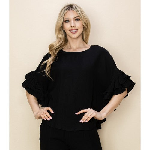 TP10134_261 Linen Ruffle Sleeve Top in Black