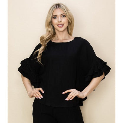 TP10134_261 Linen Ruffle Sleeve Top in Black