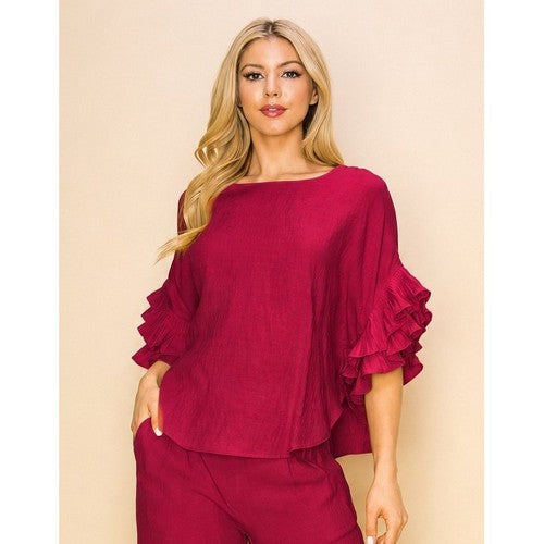 TP10134 Linen Ruffle Sleeve Top in Burgundy