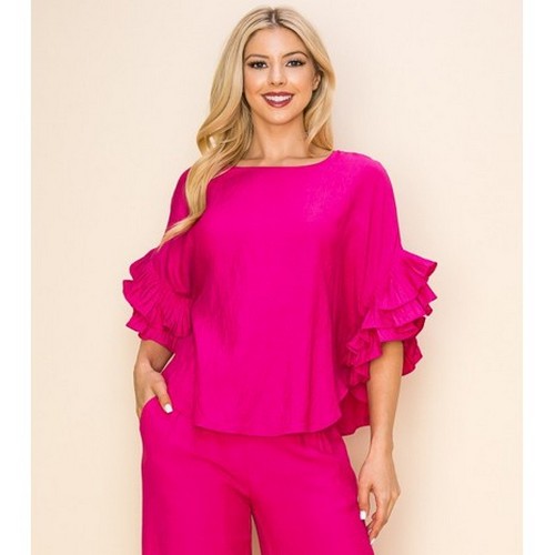 TP10134_261 Linen Ruffle Sleeve Top in Fuchsia