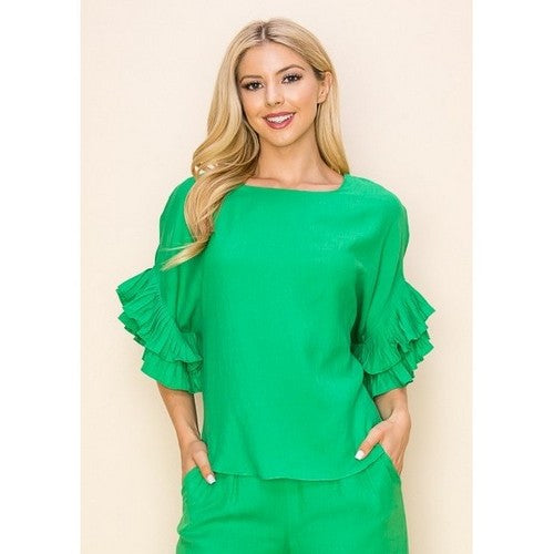 TP10134 Linen Ruffle Sleeve Top in Kelly Green