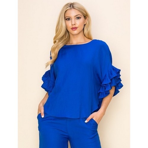 TP10134 Linen Ruffle Sleeve Top in Royal Blue