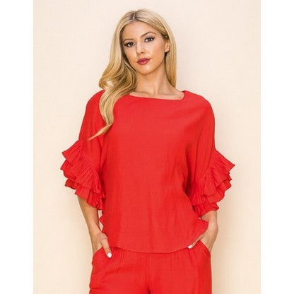 TP10134 Linen Ruffle Sleeve Top in Tomato