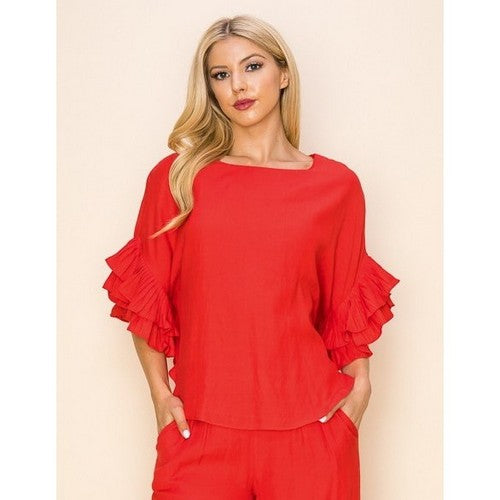 TP10134 Linen Ruffle Sleeve Top in Tomato