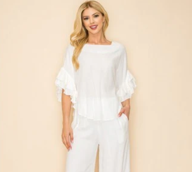 Linen Ruffle Top & Pant Set in White