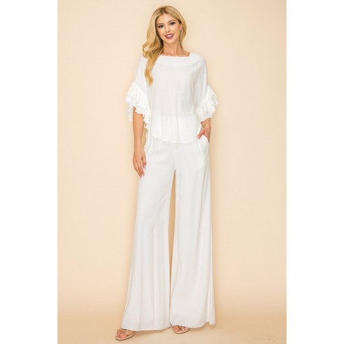 Linen Ruffle Top & Pant Set in White
