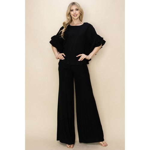 Linen Ruffle Top & Pant Set in Black