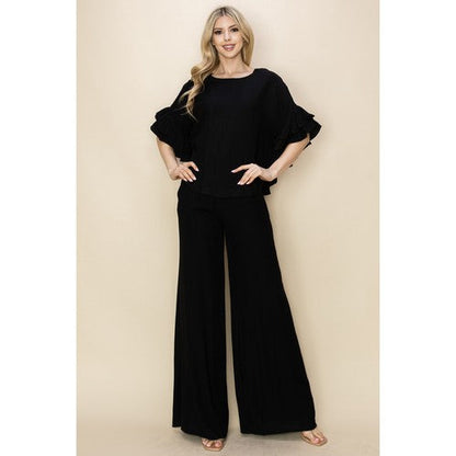 Linen Ruffle Top & Pant Set in Black