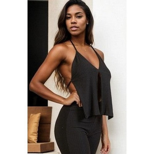 Backless Halter Top & Flare Pant Set in Black