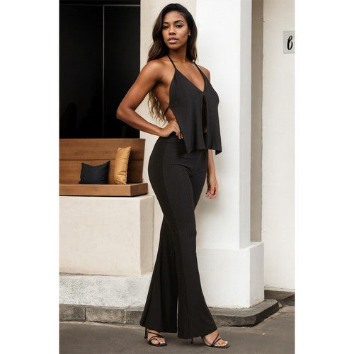 Backless Halter Top & Flare Pant Set in Black