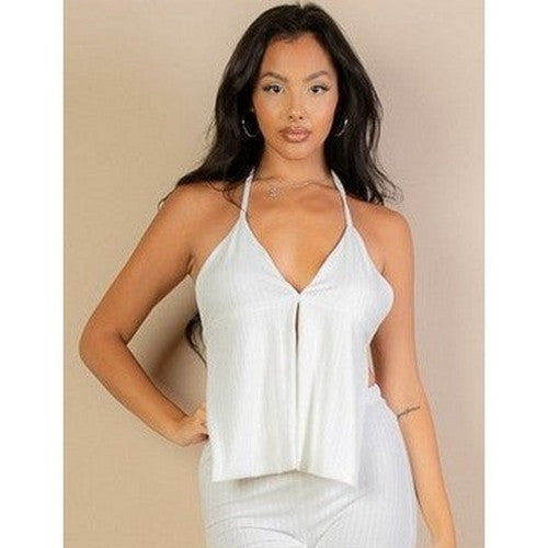 Backless Halter Top & Flare Pant Set in White