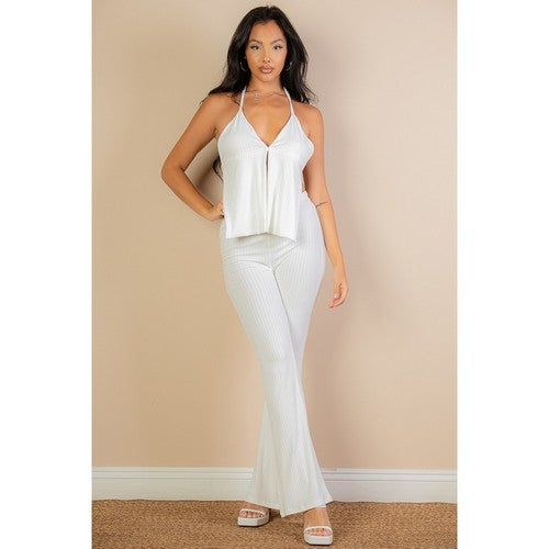 Backless Halter Top & Flare Pant Set in White