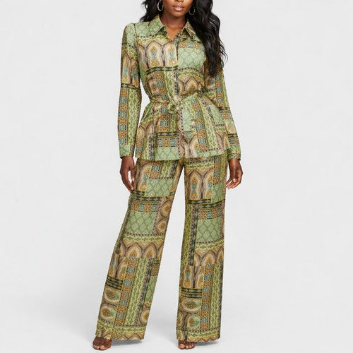 Antique Print Pant Set in Green