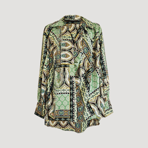 Antique Print Longline Tie-Waist Shirt in Green
