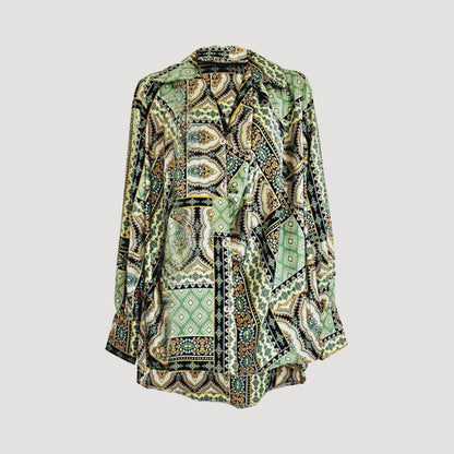 Antique Print Longline Tie-Waist Shirt in Green