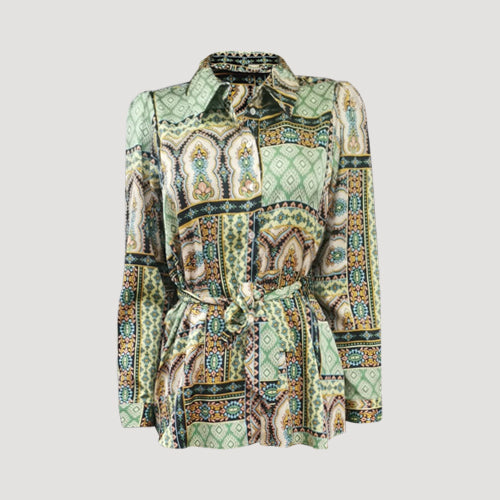 Antique Print Longline Tie-Waist Shirt in Green
