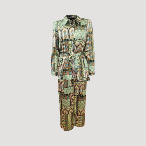 Antique Print Longline Tie-Waist Shirt in Green