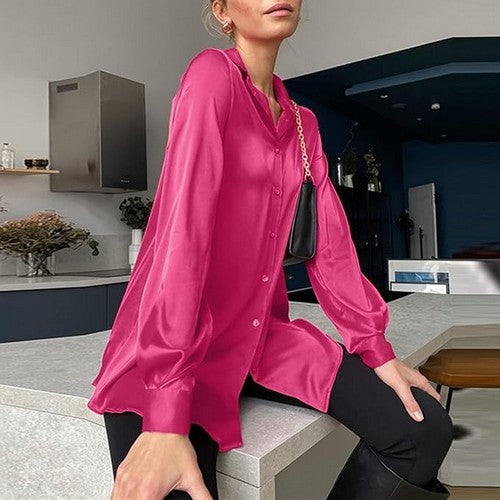 Roll Sleeve Satin Shirt in Fuchsia