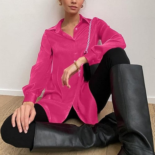 Roll Sleeve Satin Shirt in Fuchsia