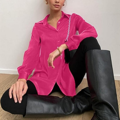 Roll Sleeve Satin Shirt in Fuchsia