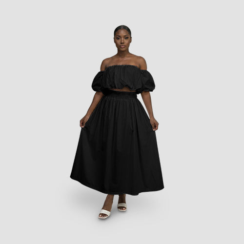 Off-Shoulder Bubble Tube Top & Smock Waist Maxi Skirt Set in Black