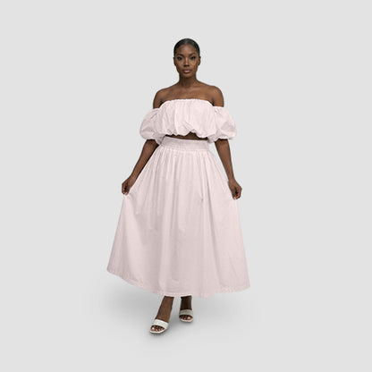 Off-Shoulder Bubble Tube Top & Smock Waist Maxi Skirt Set in Baby Pink