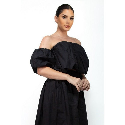 Off-Shoulder Bubble Tube Top & Smock Waist Maxi Skirt Set in Black