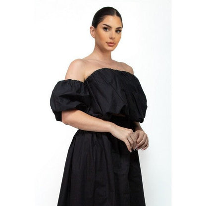 Off-Shoulder Bubble Tube Top & Smock Waist Maxi Skirt Set in Black
