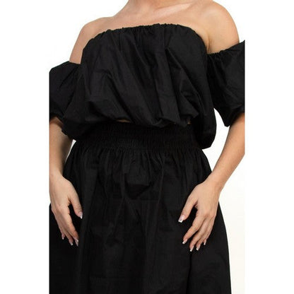 Off-Shoulder Bubble Tube Top & Smock Waist Maxi Skirt Set in Black