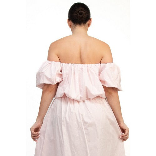 Off-Shoulder Bubble Tube Top & Smock Waist Maxi Skirt Set in Baby Pink