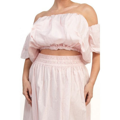Off-Shoulder Bubble Tube Top & Smock Waist Maxi Skirt Set in Baby Pink