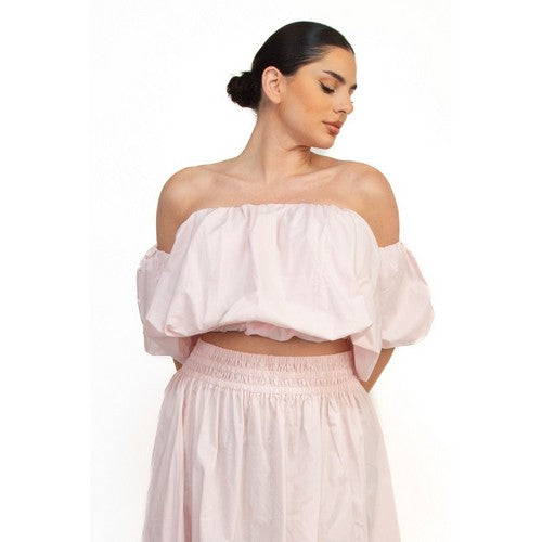 Off-Shoulder Bubble Tube Top & Smock Waist Maxi Skirt Set in Baby Pink