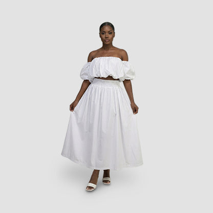 Off-Shoulder Bubble Tube Top & Smock Waist Maxi Skirt Set in White