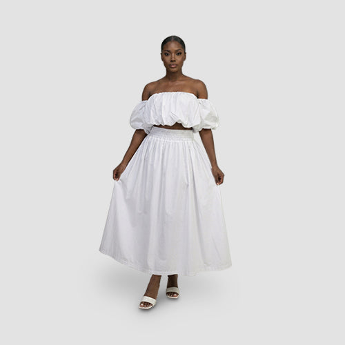 Off-Shoulder Bubble Tube Top & Smock Waist Maxi Skirt Set in White