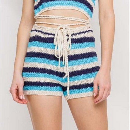 T17238-P17241 Stripe Crochet Shorts in Blue
