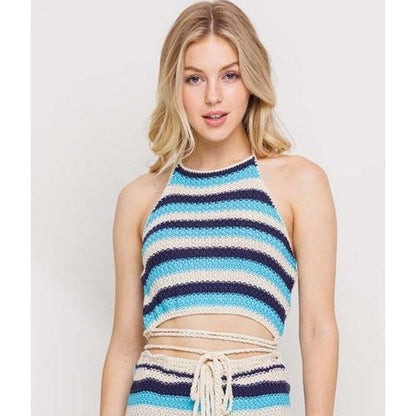 T17238-P17241 Stripe Crochet Halter Tank in Blue