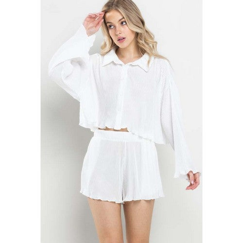 Satin Plissé Flowy Shorts in White