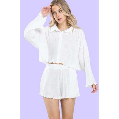 Satin Plissé Crop Oversize Shirt in White