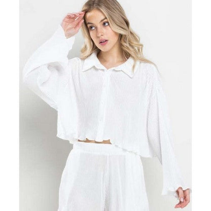 TGI5598SET Satin Plissé Crop Oversize Shirt in White