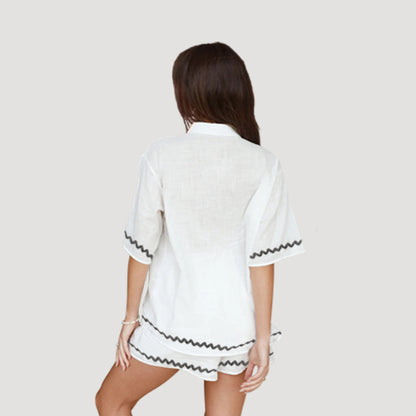 Made In Italy Ribbon Trim Shirt in Ivory & Olive