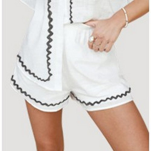 Made In Italy Ribbon Trim Shorts in Ivory & Olive