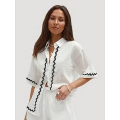 Made In Italy Ribbon Trim Shirt In Ivory & Black