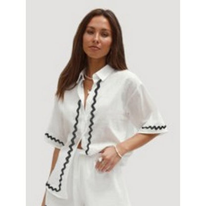 Made In Italy Ribbon Trim Shirt In Ivory & Black