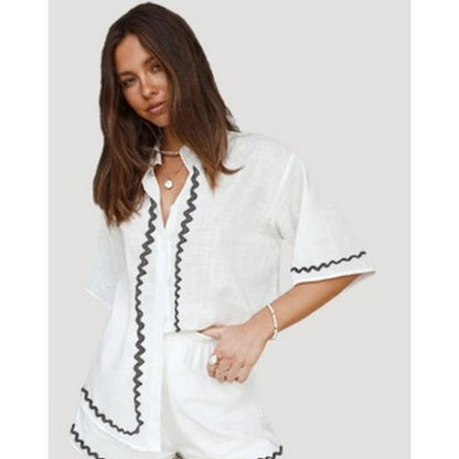 Made In Italy Ribbon Trim Shirt in Ivory & Olive