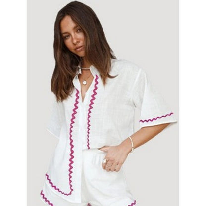 Made In Italy Ribbon Trim Short Set in Ivory & Pink