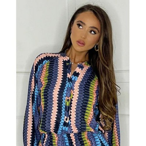 Made In Italy Geo Print Collarless Shirt in Blue