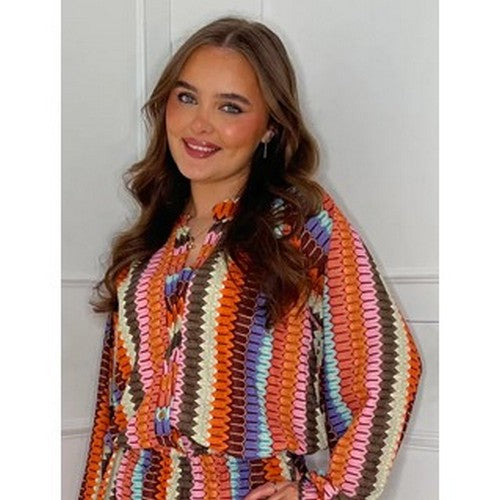 Made In Italy Geo Print Collarless Shirt in Orange & Pink