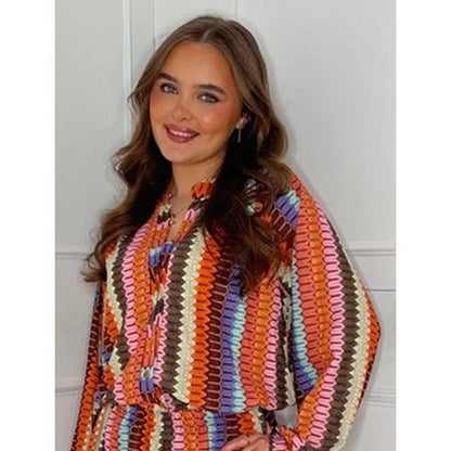 Made In Italy Geo Print Collarless Shirt in Orange & Pink